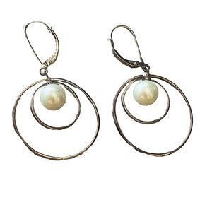 Vtg 925 Sterling Silver Double Hoop Pearl Earrings Dangle Drop Round 1.75"